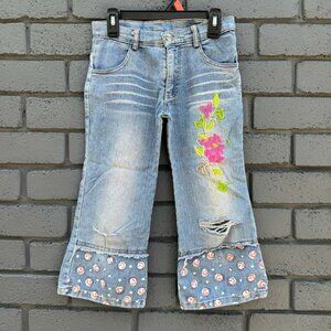 Vintage Casual Trendy Floral Embroidered Flared Capri Crop Denim Jean 7-8 years